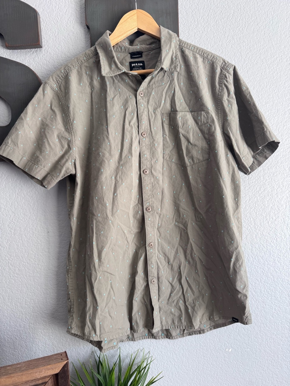 Prana mens neutral green organic cotton button up 
medium
